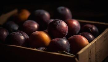 orgánico uva cosecha maduro Fruta en rústico de madera cesta arreglo generado por ai foto