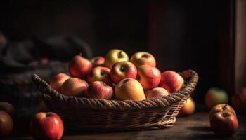 Fresh organic apples in a rustic wicker basket on table generated by AI photo