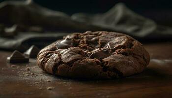 indulgente hecho en casa chocolate chip Galleta en rústico de madera mesa generado por ai foto