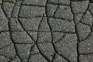 A network of black cracks on the asphalt surface. Road texture with weathered surface, showcasing the effects of time and wear. photo