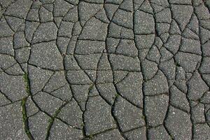 A network of black cracks on the asphalt surface. Road texture with weathered surface, showcasing the effects of time and wear. photo