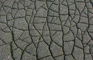 un red de negro grietas en el asfalto superficie. la carretera textura con resistido superficie, exhibiendo el efectos de hora y tener puesto. foto