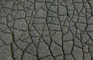 A network of black cracks on the asphalt surface. Road texture with weathered surface, showcasing the effects of time and wear. photo