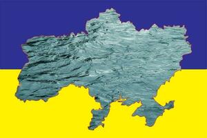 Concept collage. Flag of Ukraine with a contour map filled with water. Accident at the Kakhovskaya hydroelectric power station. Flooding problems. photo