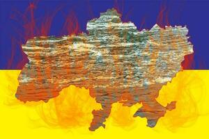 Concept collage. Flag of Ukraine with a contour map filled with water against the background of fire. War in Ukraine. Accident at the Kakhovskaya hydroelectric power station. . photo