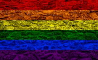 Flag of the LGBT community on the background of a stone wall. Rainbow symbol of gay culture. Concept collage. Illustration symbol of pride. photo