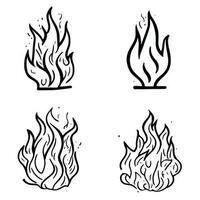 iconos de fuego dibujados a mano. conjunto de vectores de iconos de llamas de fuego. fuego de boceto de garabato dibujado a mano, dibujo en blanco y negro. símbolo de fuego simple.