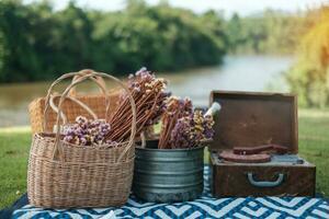 picnic set in the park near river, dried flowers, baskets wine bottle, book and retro gramophone vinyl record. Summer, spring and vacation concept photo