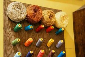 Colorful yarn on spool, thread on tube, cotton wool. Tailor concept photo