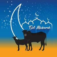 Eid al adha Eid mubarak islamic festival social media post template with cow goat moon vector