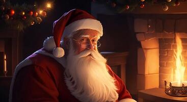 Santa Claus resting on sofa in front of fireplace in dark room, Christmas holidays concept.. photo