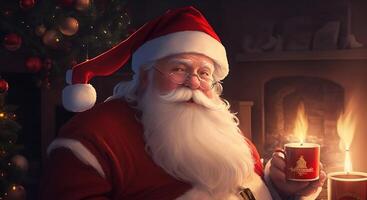 Santa Claus resting on sofa in front of fireplace in dark room, Christmas holidays concept.. photo