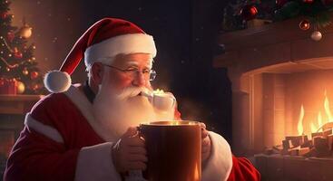 Santa Claus resting on sofa in front of fireplace in dark room, Christmas holidays concept. photo