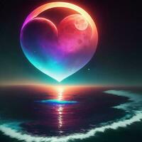 surreal landscape with a heart of the moon in the night sky over the ocean photo