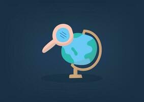 The globe and magnifying glass are on a green background. Searching data, geography. vector