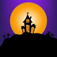 Happy Halloween concept. Black Halloween haunted house with the full moon on a spooky night with a purple sky with the tombstone. Silhouette landscape. vector