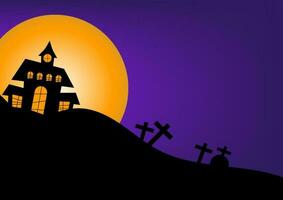 Happy Halloween concept. Black Halloween haunted house with the full moon on a spooky night with a purple sky with the tombstone. Silhouette landscape. vector