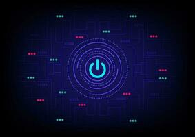 Power button with neon glowing lines on blue science technology background. Futuristic digital innovation, cyber security. vector