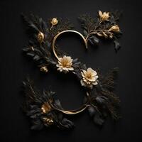 Letter S in beautiful luxury floral golden lightening design on a black wall background. , photo