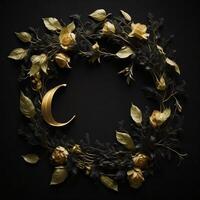 Letter O in beautiful luxury floral golden lightening design on a black wall background. , photo