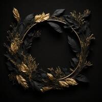 Letter O in beautiful luxury floral golden lightening design on a black wall background. , photo