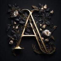 Letter A in beautiful luxury floral golden lightening design on a black wall background. , photo