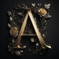 Letter A in beautiful luxury floral golden lightening design on a black wall background. , photo