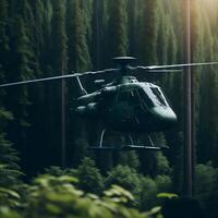 Military Helicopter flying over a green forest or jungle. , photo