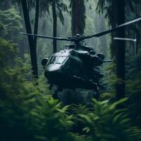 Military Helicopter flying over a green forest or jungle. , photo