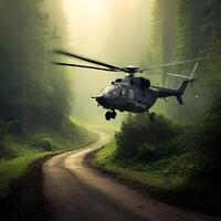 Military Helicopter On A Green Forest. , photo