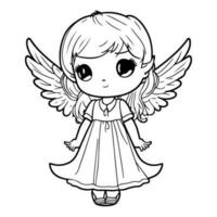 Cute Girl Angel Cartoon Vector Outline. Girl With Angel Wings Vector.