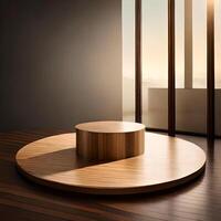 Rounded wooden podium for products or cosmetics with beautiful wall with shadows and light reflections for Mockup. , photo