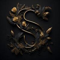 Letter S in beautiful luxury floral golden lightening design on a black wall background. , photo