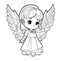 Cute Girl Angel Cartoon Vector Outline. Girl With Angel Wings Vector.