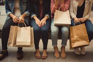 recortado imagen de grupo de amigos sentado en banco y participación compras bolsas, grupo de mujer sentado en el banco con compras bolsas, ai generado foto