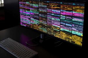 Programming and coding concept. Computer screen with program code on dark background. Modern computer screen showing colorful coding, photo