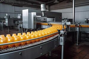 transportador cinturón con botellas de naranja jugo en un moderno fábrica, Fruta jugo fábrica producción línea con bebida, ai generado foto