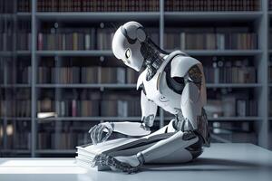 3d rendering robot sitting on the table with bookshelf background, Futuristic AI robot reading books in a library, photo