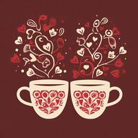 Two cups of coffee with heart-shaped pattern. Coffee Valentines Day clipart, AI Generated photo