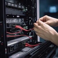 close up of female technician repairing server in datacenter data center, IT Engineer hands close up shot installing fiber cable, photo