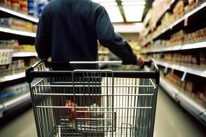 hombre con compras carro en supermercado. superficial profundidad de campo. de cerca posterior ver de un hombre vagante un compras carro, ai generado foto