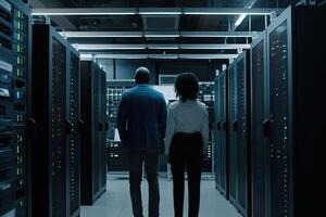Back view of two young businesspeople standing in data center and looking at each other, Two young multiethnic specialists full rear view , photo