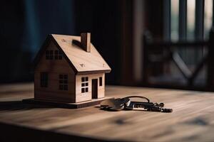 House model and keys on wooden table. Real estate concept. Selective focus. wooden Home model on an office table and realistic view, AI Generated photo