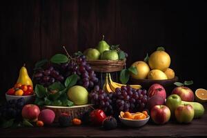 Fruits were placed together with a dark background and were placed on a wooden table. Fresh fruits and vegetables are on the table, photo