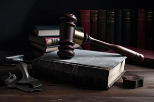 Law theme, mallet of judge, wooden gavel on wooden table, Legal law hammer on a table with law books, photo