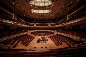 Interior of the auditorium with red seats and a large screen, A luxurious and huge empty concert hall, photo