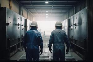 industrial trabajadores en sombreros duros en pie en un fábrica, espalda vista, masculino manual trabajadores lleno posterior ver en el fábrica, ai generado foto