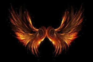 Fiery wings on a black background. 3d rendering, 3d illustration. Fire wings on a dark background, photo