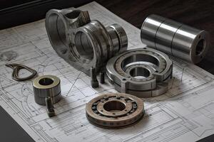 Piston, ball bearings and bearings on the technical drawing, Bearings milling cutters and a measuring scale on the table, photo