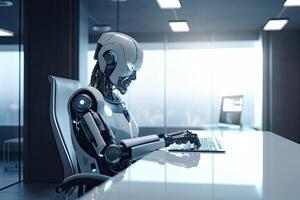 3d rendering humanoid robot working in modern office with computer on table, Futuristic Ai robot CEO sitting at his office chair, photo